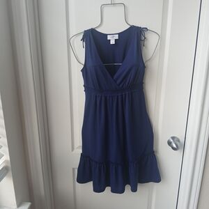 LOFT Blue Ruched Ruffled Mini Sundress